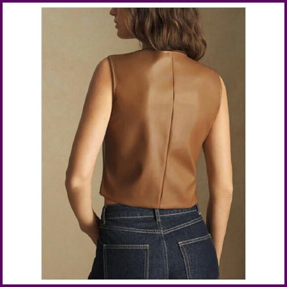 PU Leather Button Up Vest Crop Top Sleeveless Waistcoat - Picture 4 of 6